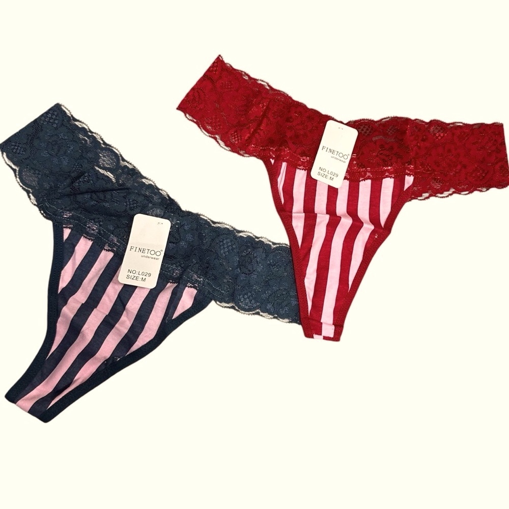 Fine Too women’s thong panty bundle burgundy green pink striped lace sides new